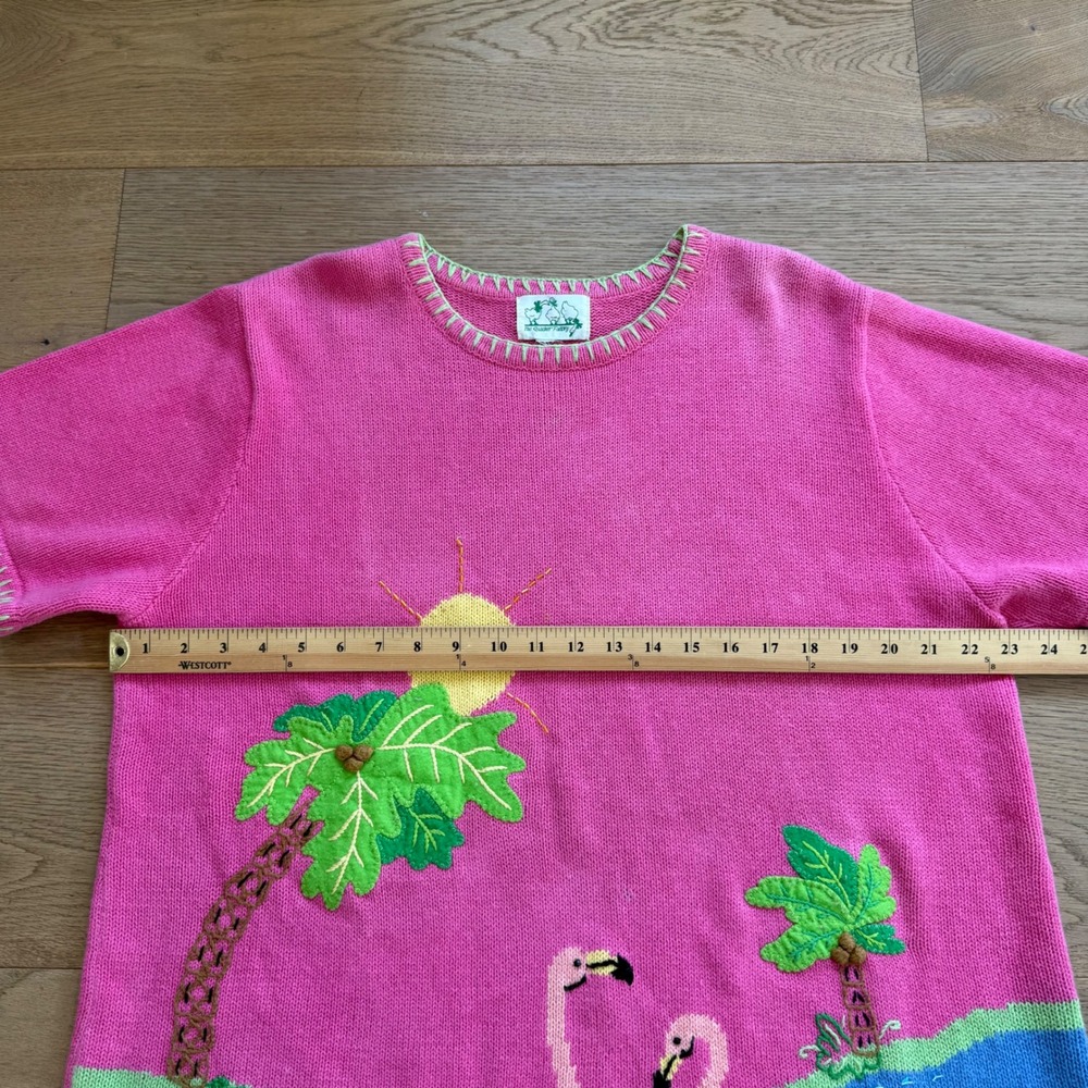 Quacker Factory Flamingo Palm Tree Pink Knit Short Sleeve Sweater Top XL - Picture 5 of 5